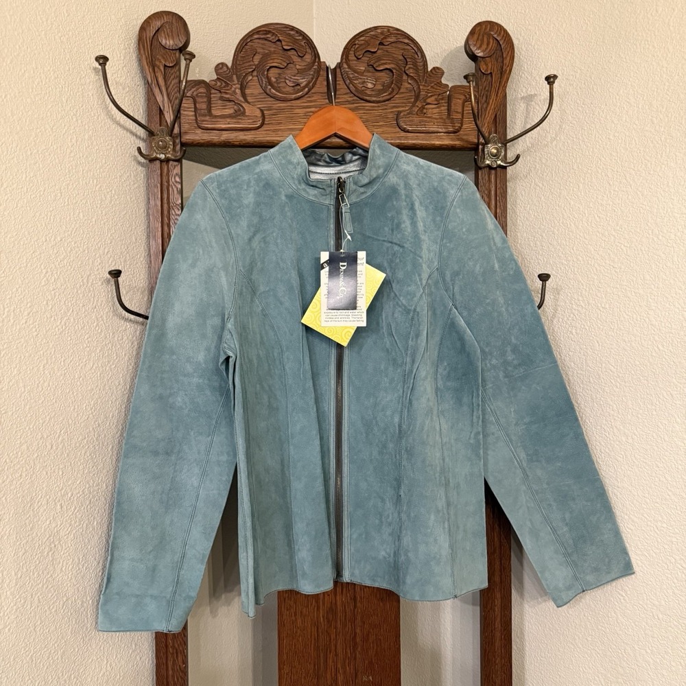 Denim & Co Genuine Suede Leather Jacket Womens Large Teal Zip Up Lightweight